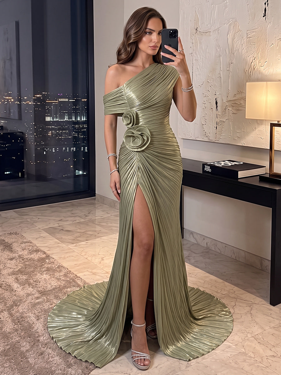 Trumpet/Mermaid Formal Attire Off-the-Shoulder Sleeveless Satin Floor-Length Evening Dresses with Pleats&amp;3D Flower