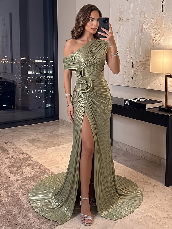 Trumpet/Mermaid Formal Attire Off-the-Shoulder Sleeveless Satin Floor-Length Evening Dresses with Pleats&amp;3D Flower