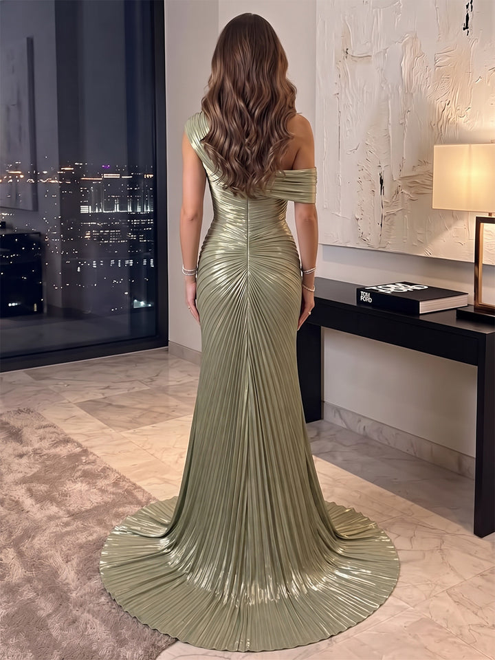Trumpet/Mermaid Formal Attire Off-the-Shoulder Sleeveless Satin Floor-Length Evening Dresses with Pleats&amp;3D Flower