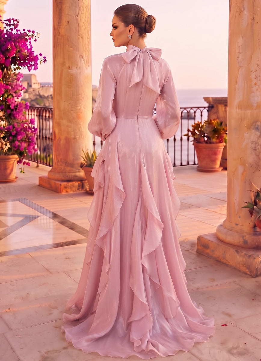 A-Line/Princess Formal Attire High Neck Long Sleeves Satin Floor-Length Evening Dresses with Ruffles