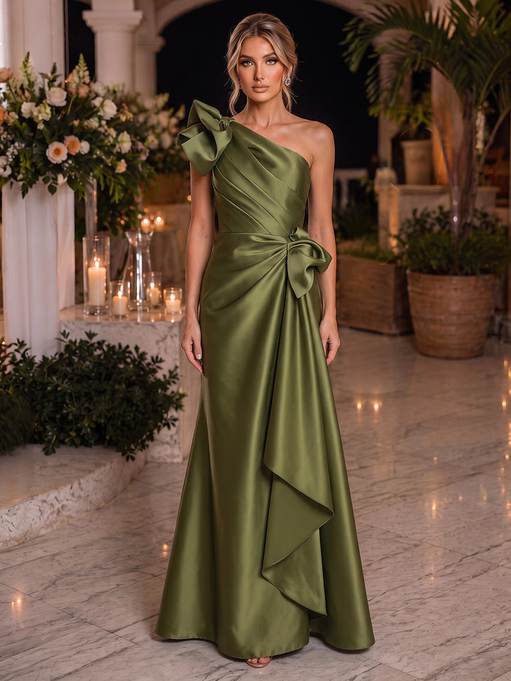 Sheath/Column Formal Attire One-Shoulder Sleeveless Satin Floor-Length Evening Dresses with Ruched