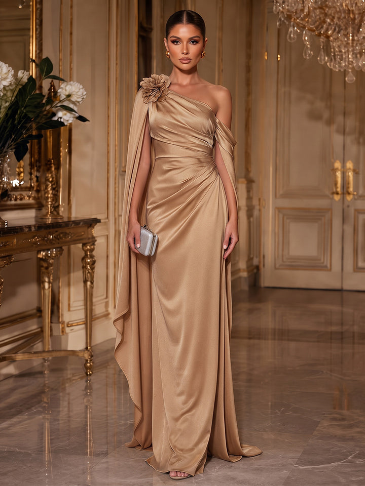 Sheath/Column Formal Attire One-Shoulder Cap Sleeves Silk Satin Floor-Length Evening Dresses with 3D Flower