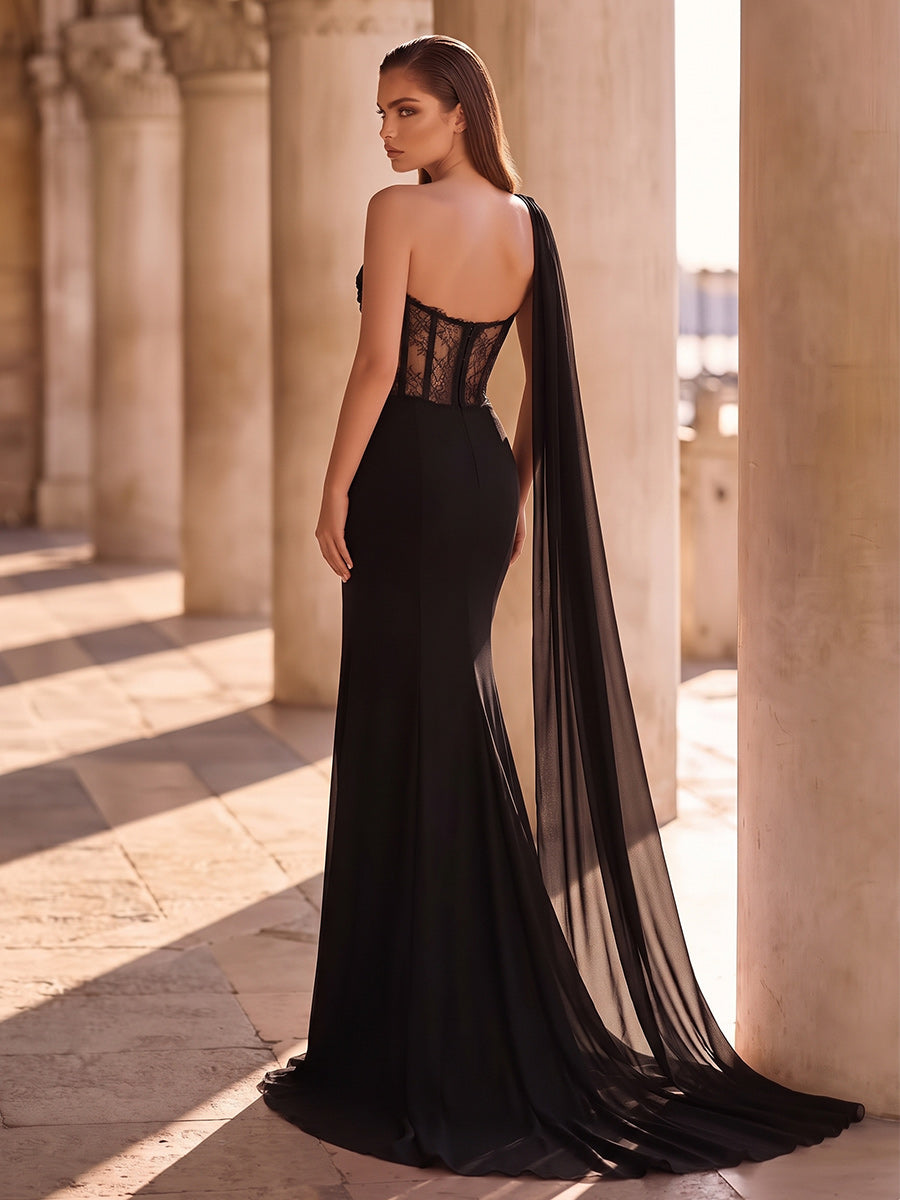 A-Line/Princess Formal Attire One-Shoulder Cap Sleeves Chiffon Floor-Length Evening Dresses with Lace&amp;Corset