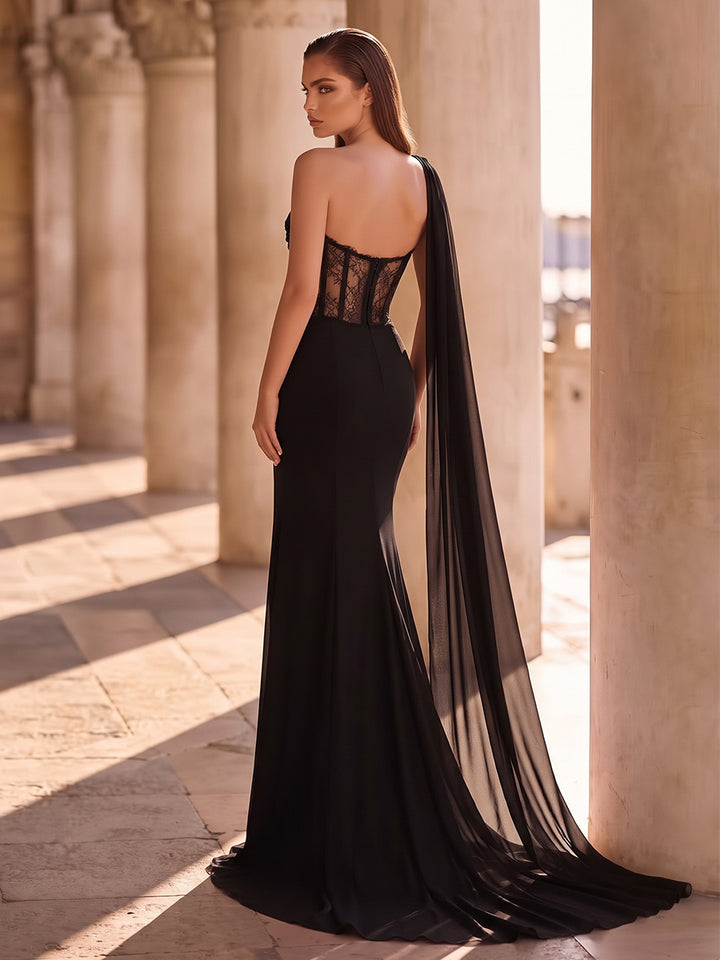 A-Line/Princess Formal Attire One-Shoulder Cap Sleeves Chiffon Floor-Length Evening Dresses with Lace&amp;Corset