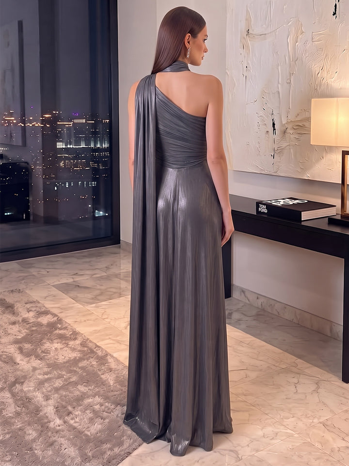 Sheath/Column Formal Attire One-Shoulder Sleeveless Metallic Floor-Length Evening Dresses with Sequins&amp;Pleats