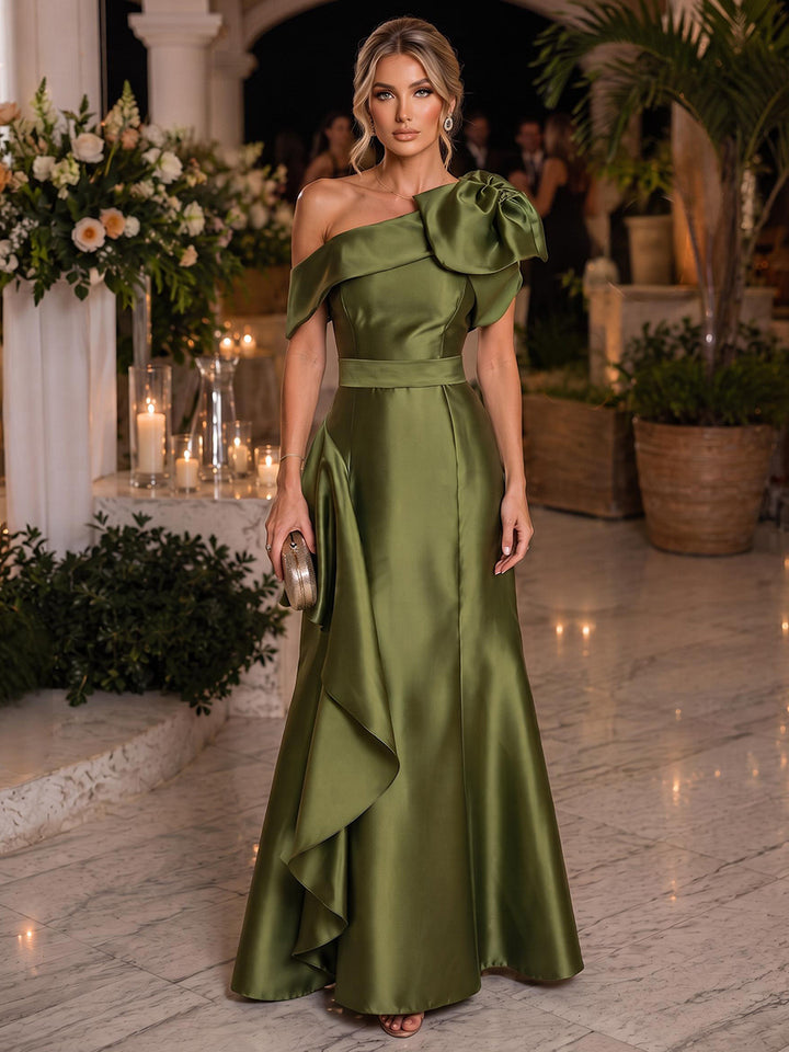 Sheath/Column Formal Attire Off-the-Shoulder Sleeveless Satin Floor-Length Evening Dresses with 3D Flower&amp;Ruffles