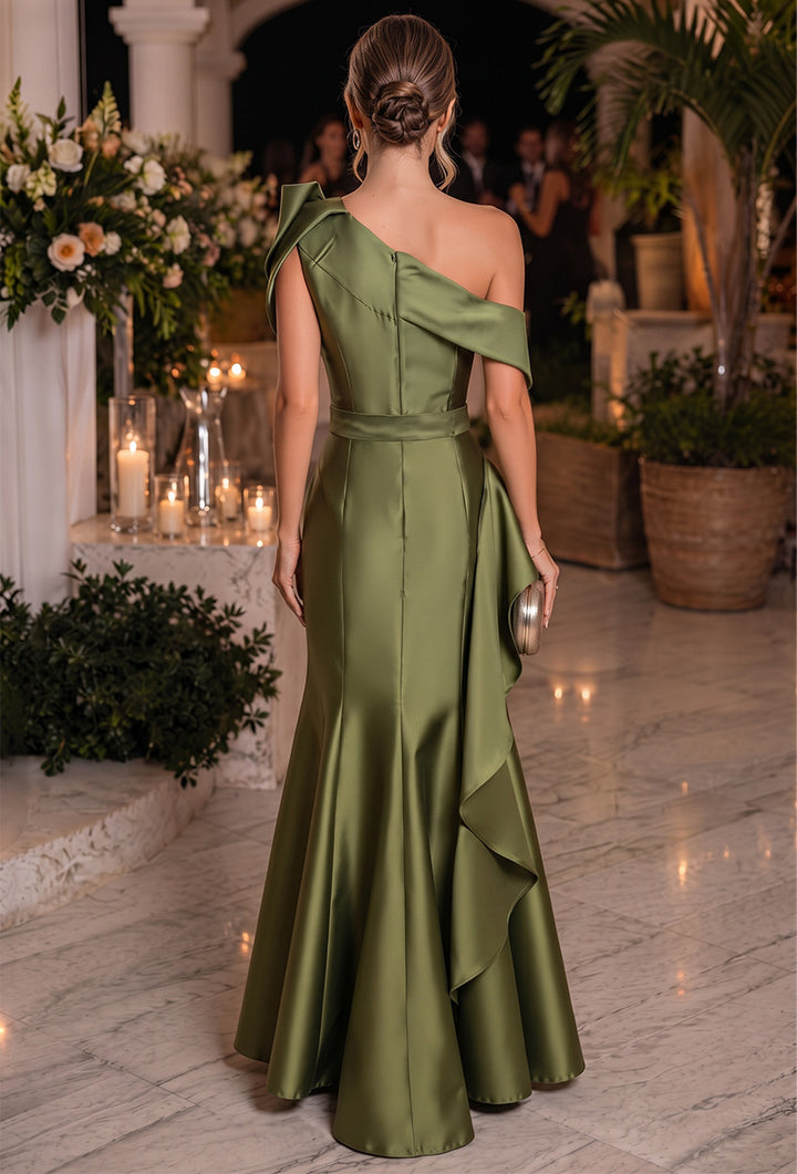 Sheath/Column Formal Attire Off-the-Shoulder Sleeveless Satin Floor-Length Evening Dresses with 3D Flower&amp;Ruffles