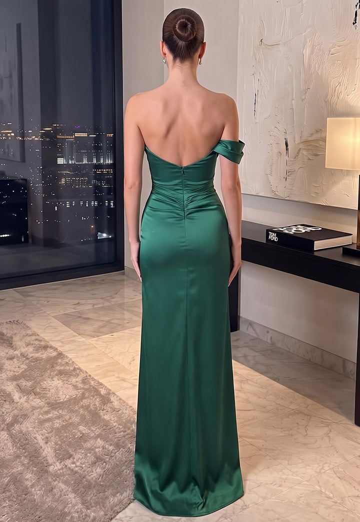 Sheath/Column Formal Attire One-Shoulder Sleeveless Silk Satin Floor-Length Evening Dresses with Ruched