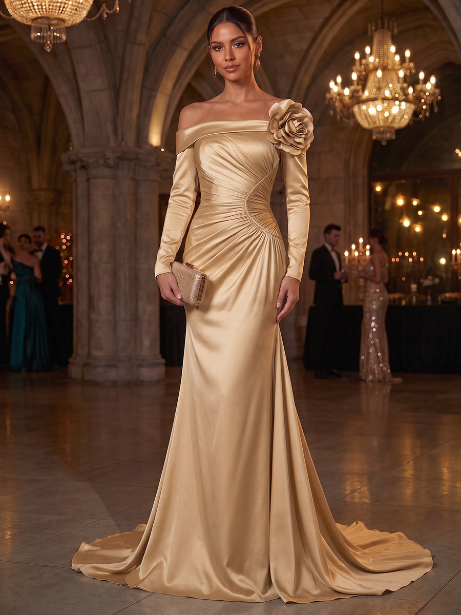 Trumpet/Mermaid Formal Attire Off-the-Shoulder Long Sleeves Satin Floor-Length Evening Dresses with 3D Flower
