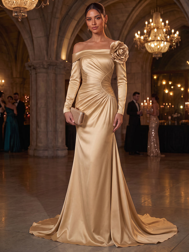 Trumpet/Mermaid Formal Attire Off-the-Shoulder Long Sleeves Satin Floor-Length Evening Dresses with 3D Flower