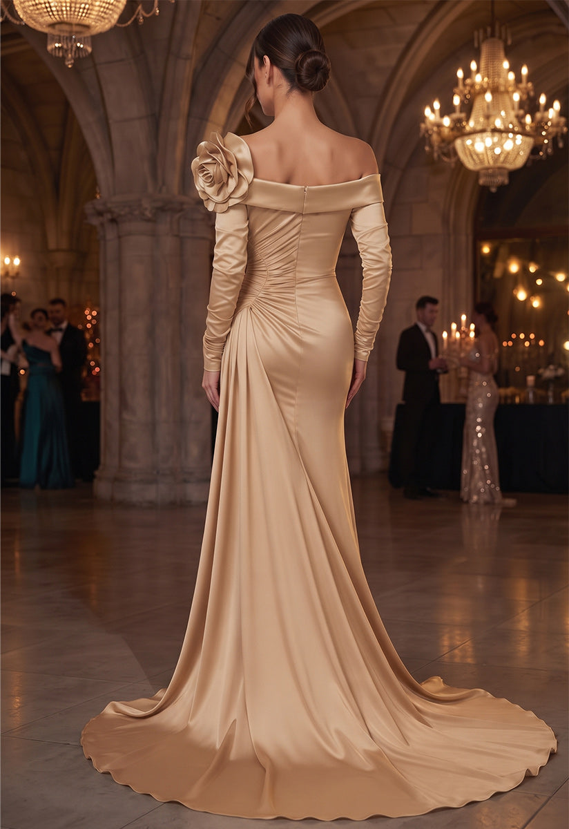 Trumpet/Mermaid Formal Attire Off-the-Shoulder Long Sleeves Satin Floor-Length Evening Dresses with 3D Flower