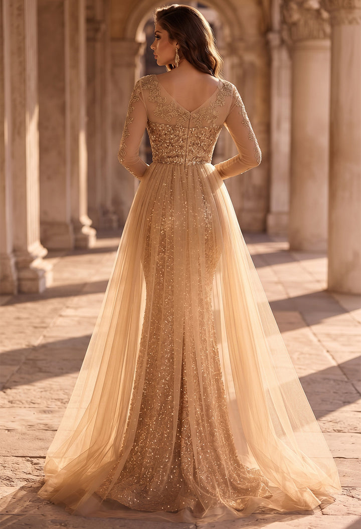 Trumpet/Mermaid Formal Attire Scoop Long Sleeves Sequin Tulle Floor-Length Evening Dresses with Applique