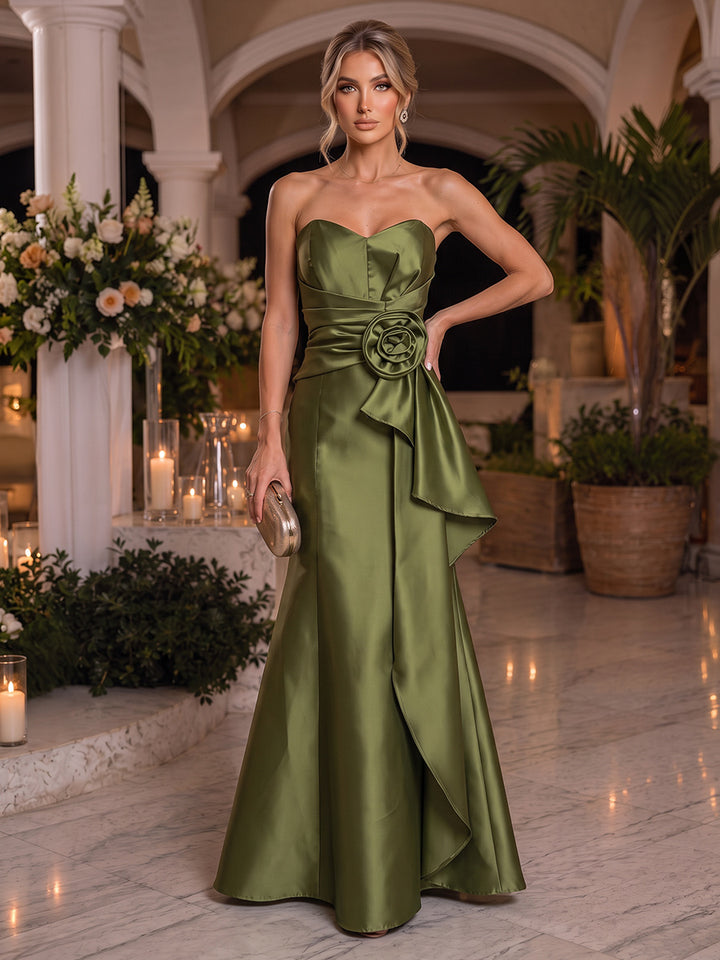 Sheath/Column Formal Attire Strapless Sleeveless Satin Floor-Length Evening Dresses with 3D Flower&amp;Ruffles