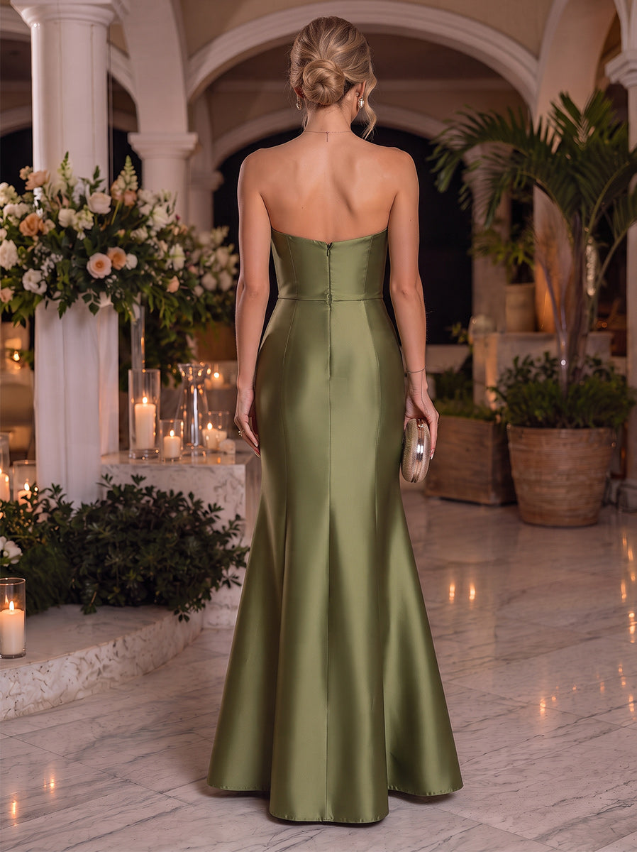 Sheath/Column Formal Attire Strapless Sleeveless Satin Floor-Length Evening Dresses with 3D Flower&amp;Ruffles