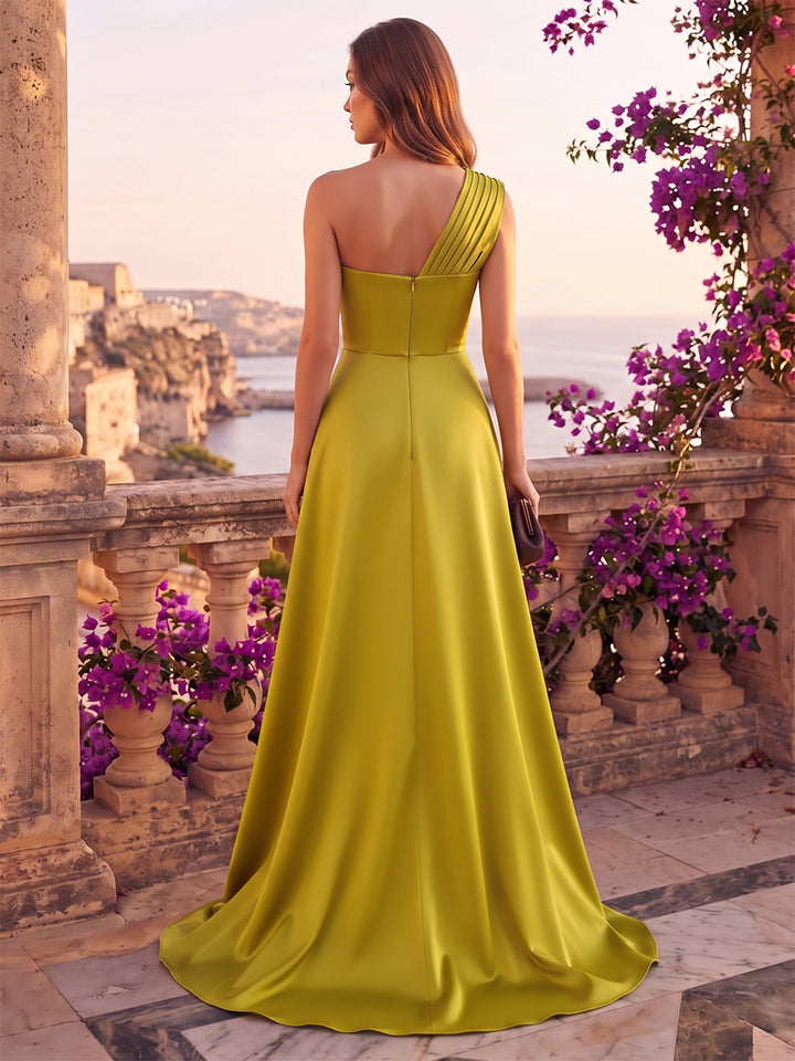 A-Line/Princess Formal Attire One-Shoulder Sleeveless Satin Floor-Length Evening Dresses with 3D Flower&amp;Pleats