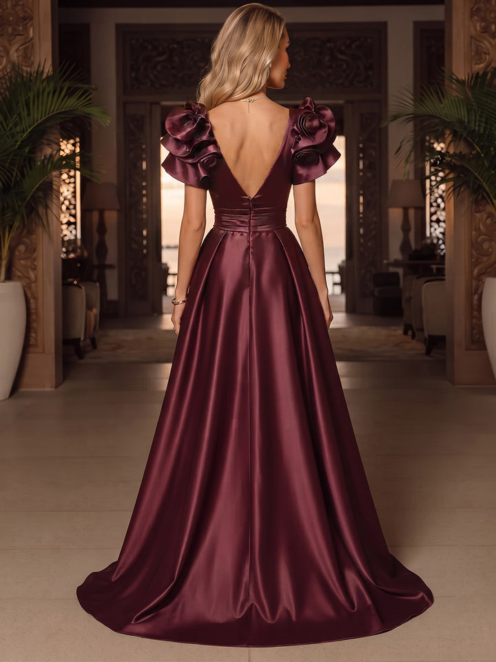 A-Line/Princess Formal Attire V-Neck Short Sleeves Satin Floor-Length Evening Dresses with 3D Flower&amp;Ruffles