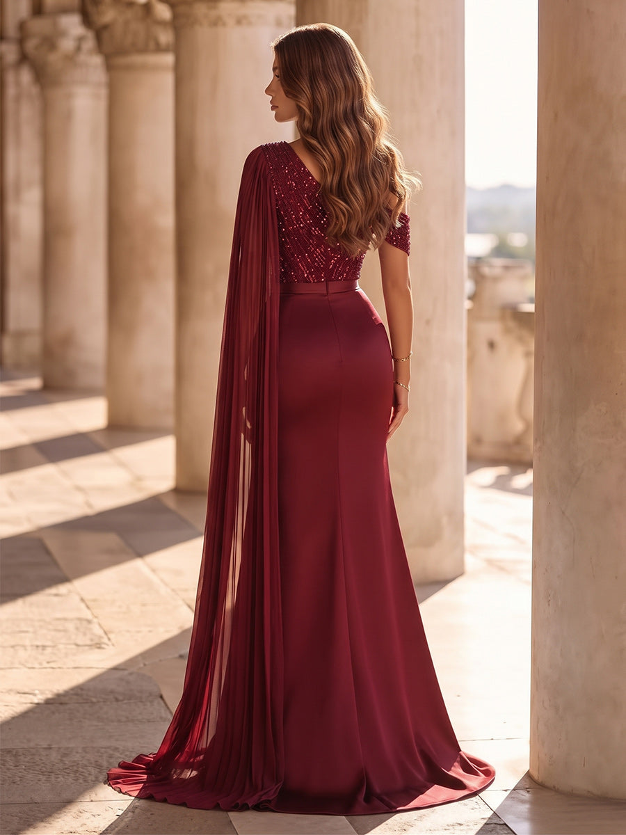 A-Line/Princess Formal Attire One-Shoulder Cap Sleeves Satin Floor-Length Evening Dresses with Sequins