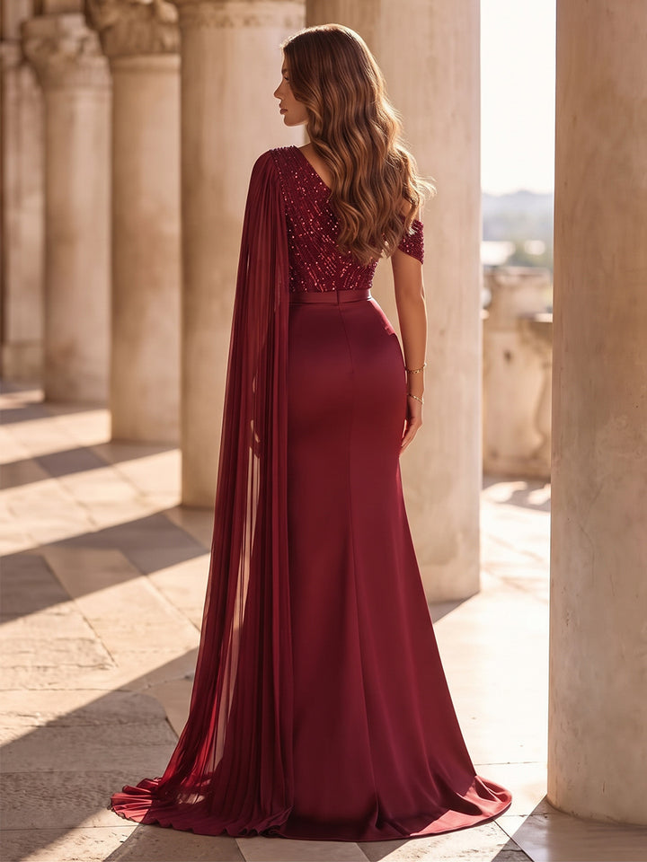 A-Line/Princess Formal Attire One-Shoulder Cap Sleeves Satin Floor-Length Evening Dresses with Sequins