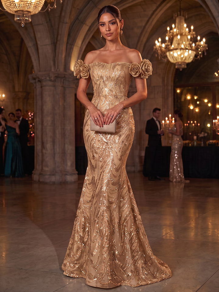 Trumpet/Mermaid Formal Attire Off-the-Shoulder Sleeveless Sequin Floor-Length Evening Dresses with Appliques&amp;3D Flower