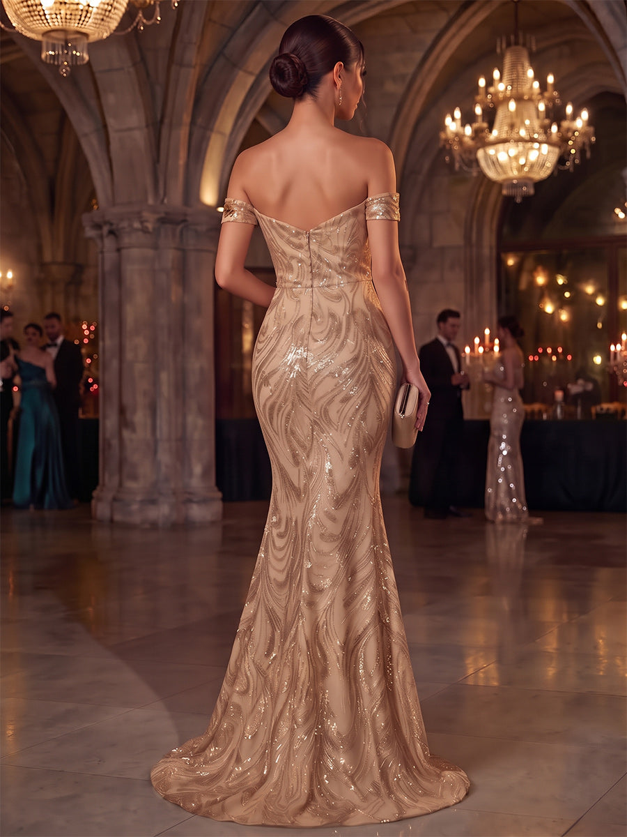 Trumpet/Mermaid Formal Attire Off-the-Shoulder Sleeveless Sequin Floor-Length Evening Dresses with Appliques&amp;3D Flower