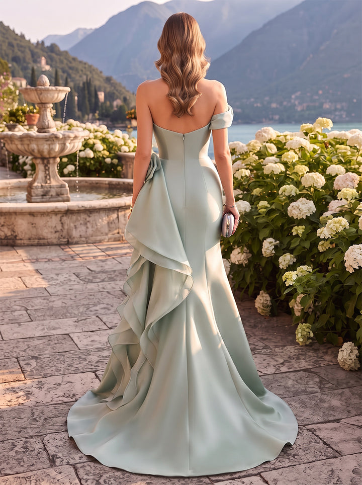 Sheath/Column Formal Attire Strapless Sleeveless Satin Tulle Floor-Length Evening Dresses with 3D Flower&amp;Ruffles