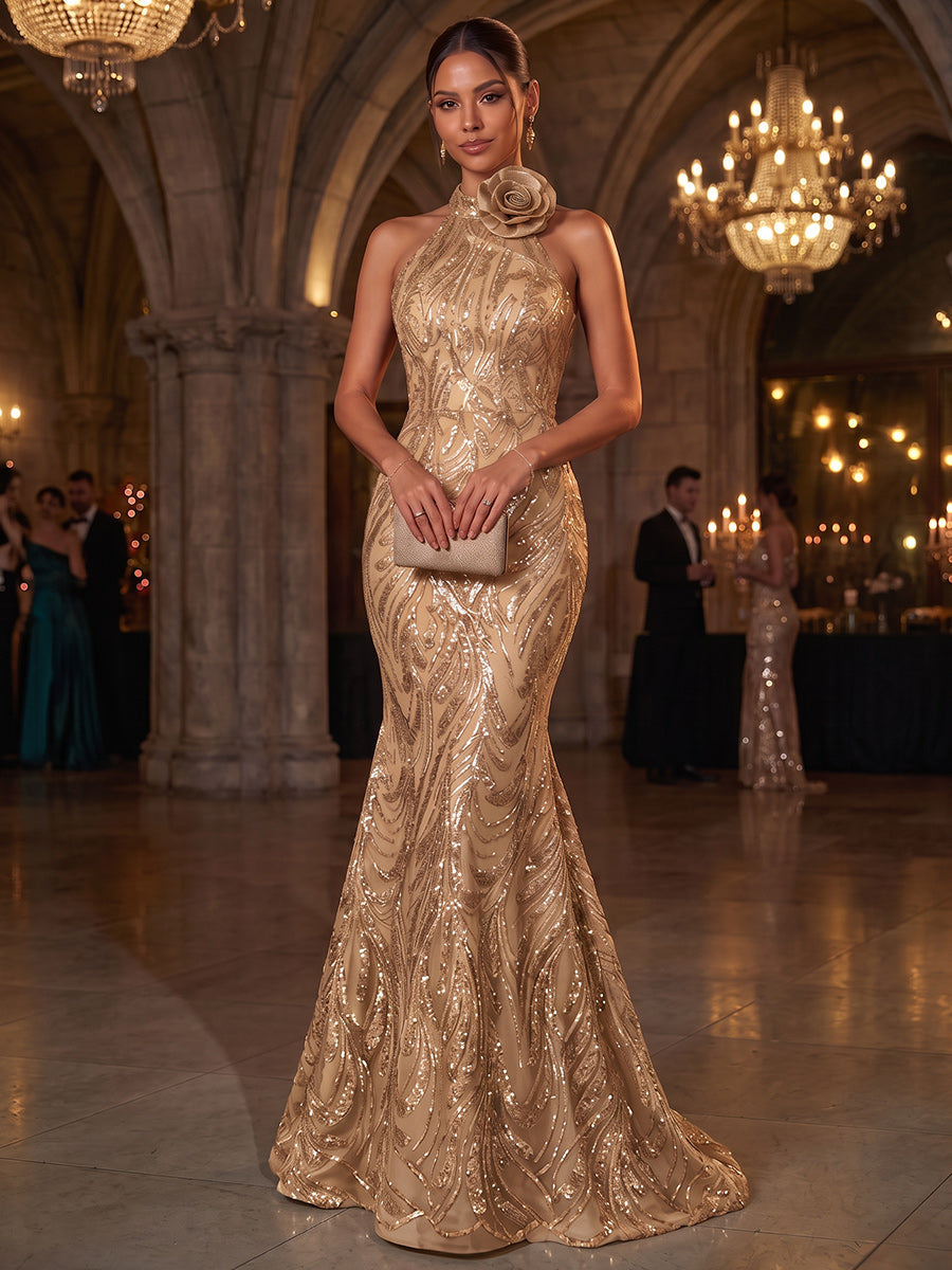 Trumpet/Mermaid Formal Attire Halter Sleeveless Sequin Floor-Length Evening Dresses with Appliques&amp;3D Flower