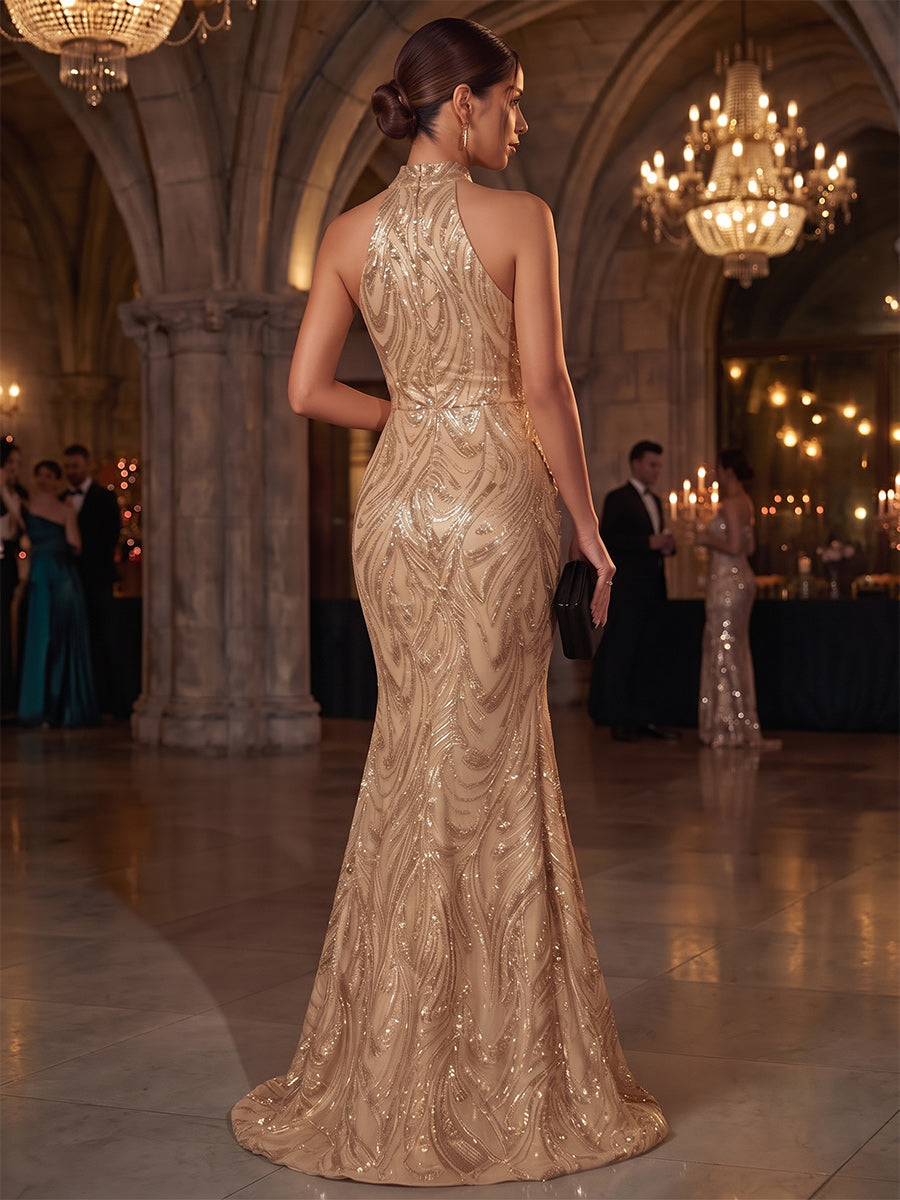 Trumpet/Mermaid Formal Attire Halter Sleeveless Sequin Floor-Length Evening Dresses with Appliques&amp;3D Flower