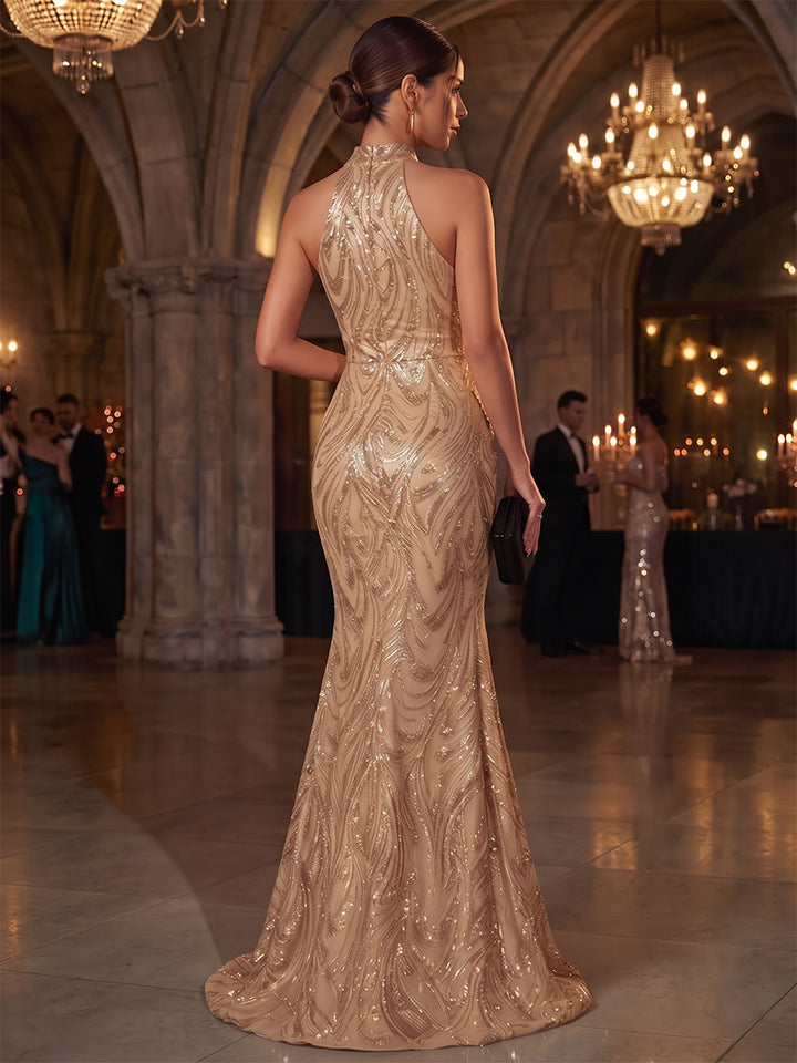 Trumpet/Mermaid Formal Attire Halter Sleeveless Sequin Floor-Length Evening Dresses with Appliques&amp;3D Flower