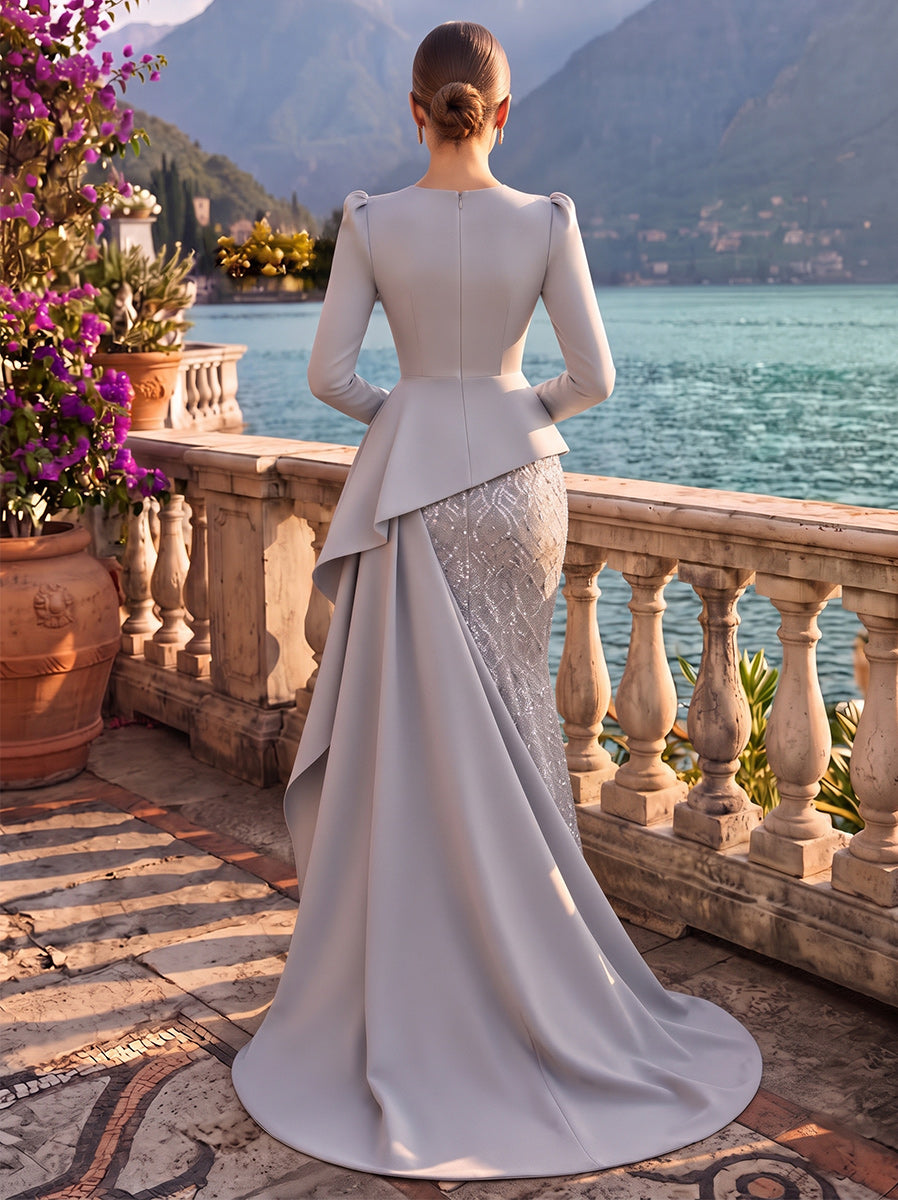 Sheath/Column Formal Attire Scoop Long Sleeves Satin Sequin Floor-Length Evening Dresses with Ruffles