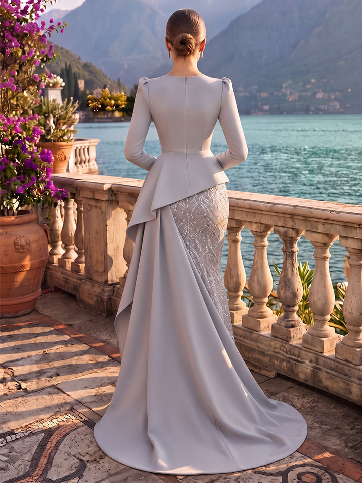 Sheath/Column Formal Attire Scoop Long Sleeves Satin Sequin Floor-Length Evening Dresses with Ruffles