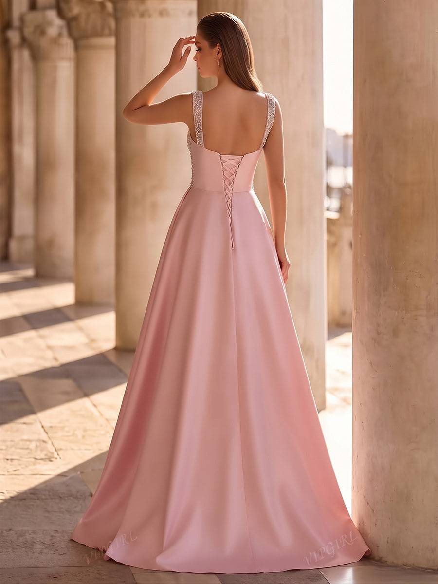 A-Line/Princess Formal Attire Spaghetti Straps Sleeveless Satin Floor-Length Evening Dresses with Sequins