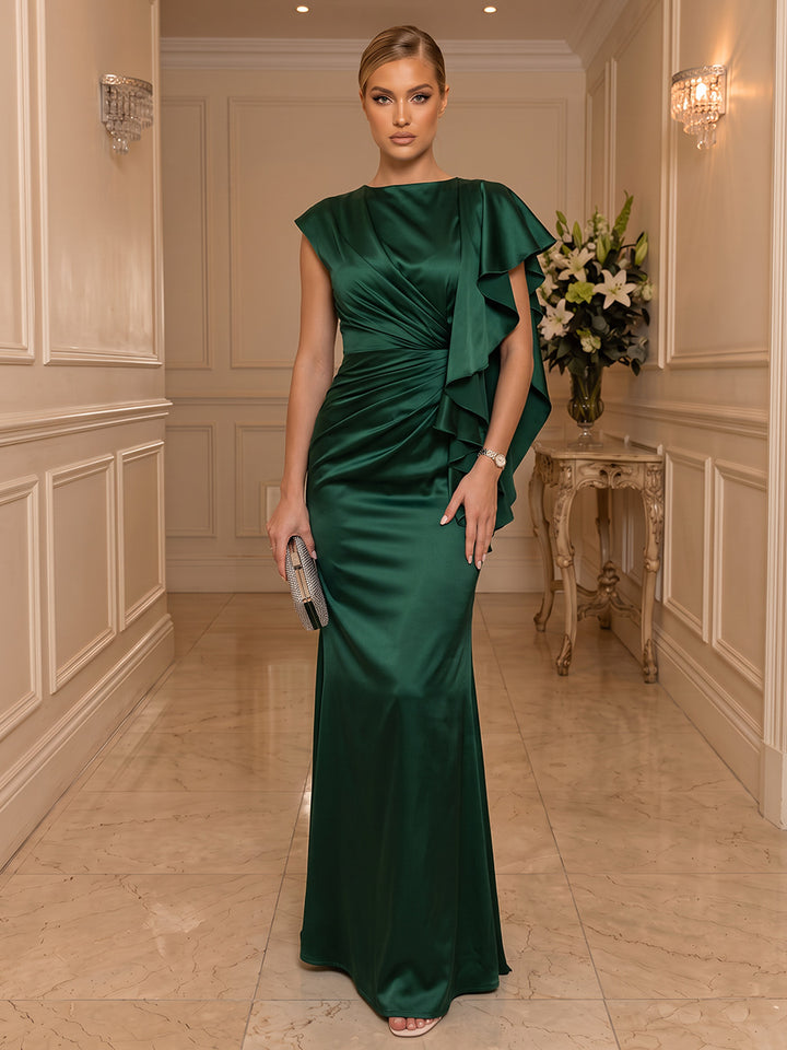 Sheath/Column Formal Attire Scoop Cap Sleeves Silk Satin Floor-Length Evening Dresses with Ruffles