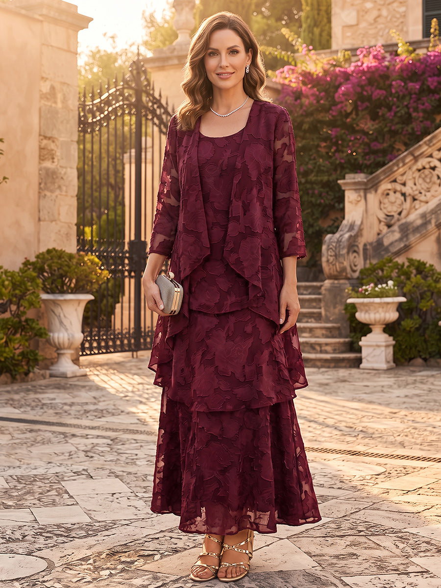 A-Line/Princess 2 Pieces Scoop 3/4 Sleeves Chiffon Ankle-Length Mother of the Bride Dresses with Florals&amp;Tiered