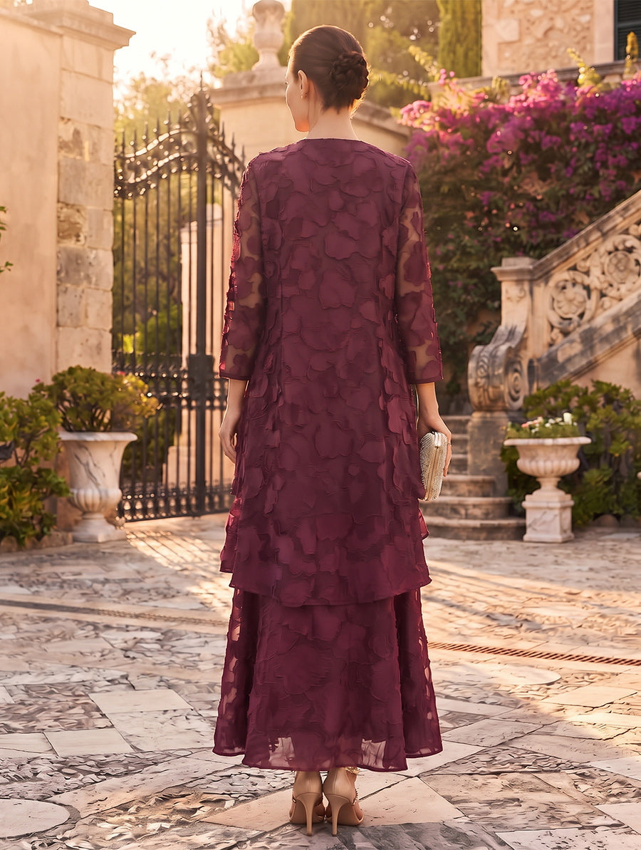 A-Line/Princess 2 Pieces Scoop 3/4 Sleeves Chiffon Ankle-Length Mother of the Bride Dresses with Florals&amp;Tiered