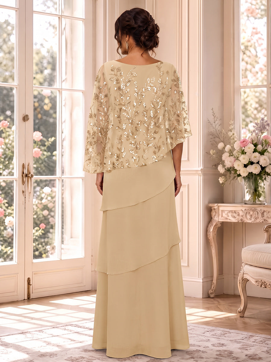 Sheath/Column Scoop Cap Sleeves Chiffon Sequin Floor-Length Mother of the Bride Dresses with Applique&amp;Ruffles