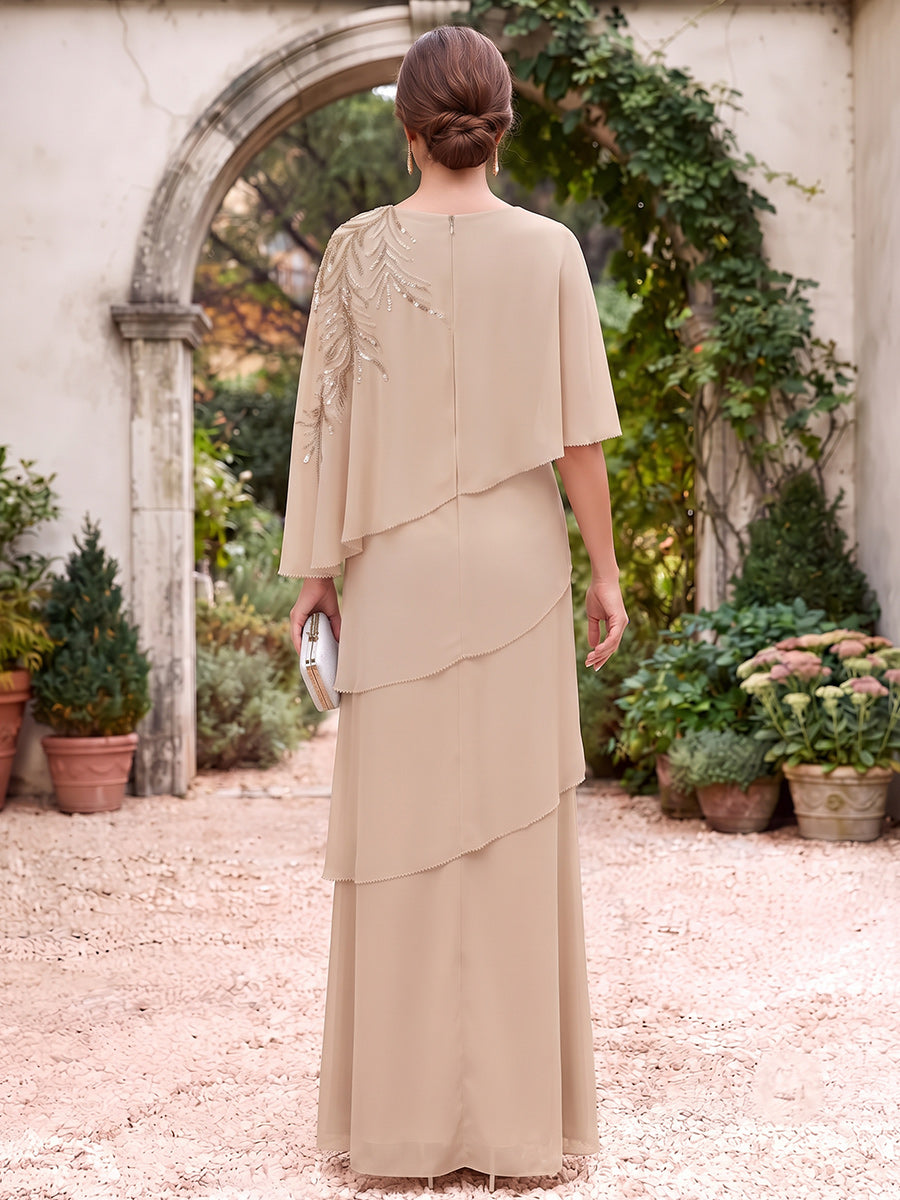 Sheath/Column Scoop Cap Sleeves Chiffon Floor-Length Mother of the Bride Dresses with Applique&amp;Ruffles
