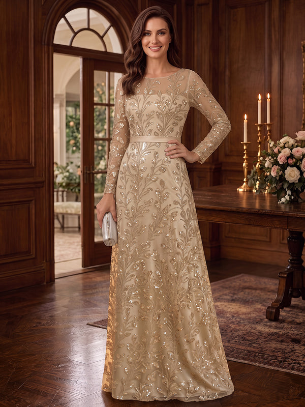 Sheath/Column Scoop Long Sleeves Sequin Floor-Length Mother of the Bride Dresses with Applique&Blet
