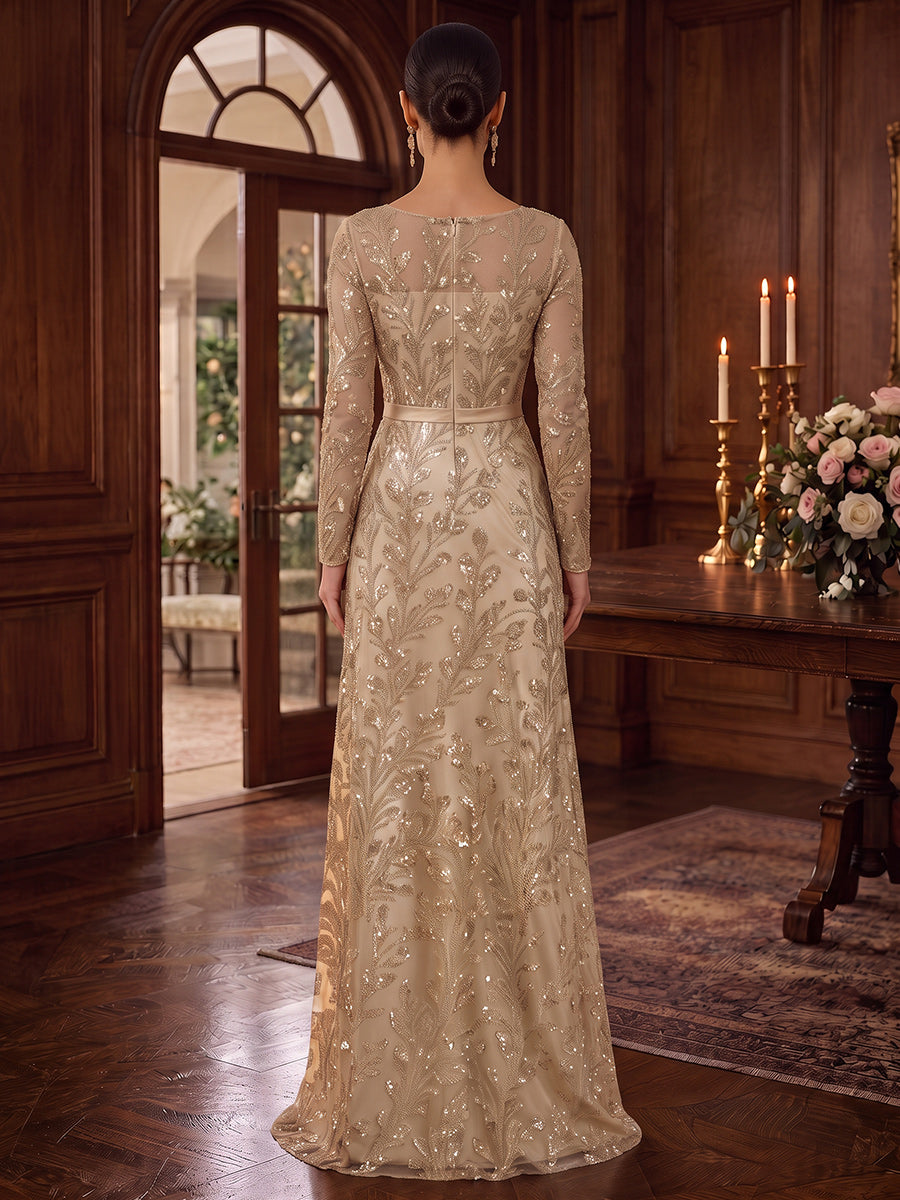 Sheath/Column Scoop Long Sleeves Sequin Floor-Length Mother of the Bride Dresses with Applique&amp;Blet