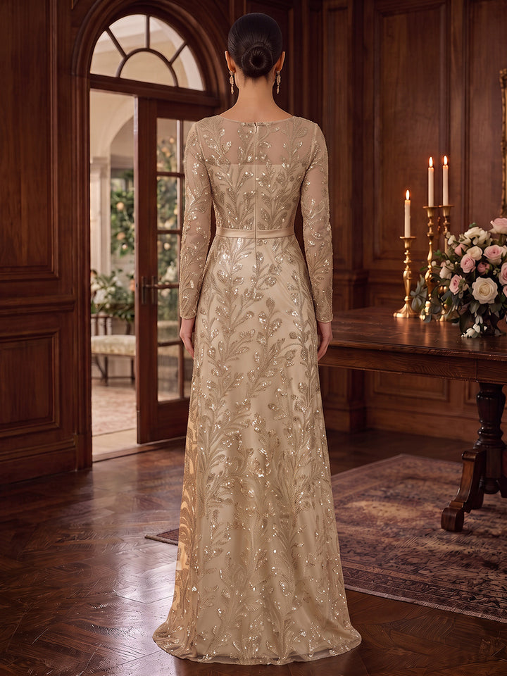 Sheath/Column Scoop Long Sleeves Sequin Floor-Length Mother of the Bride Dresses with Applique&amp;Blet