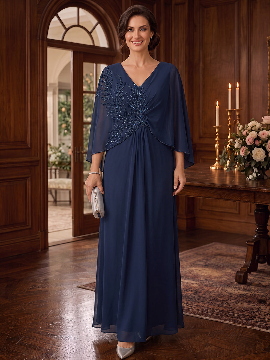 Sheath/Column V-Neck Cap Sleeves Chiffon Floor-Length Mother of the Bride Dresses with Applique