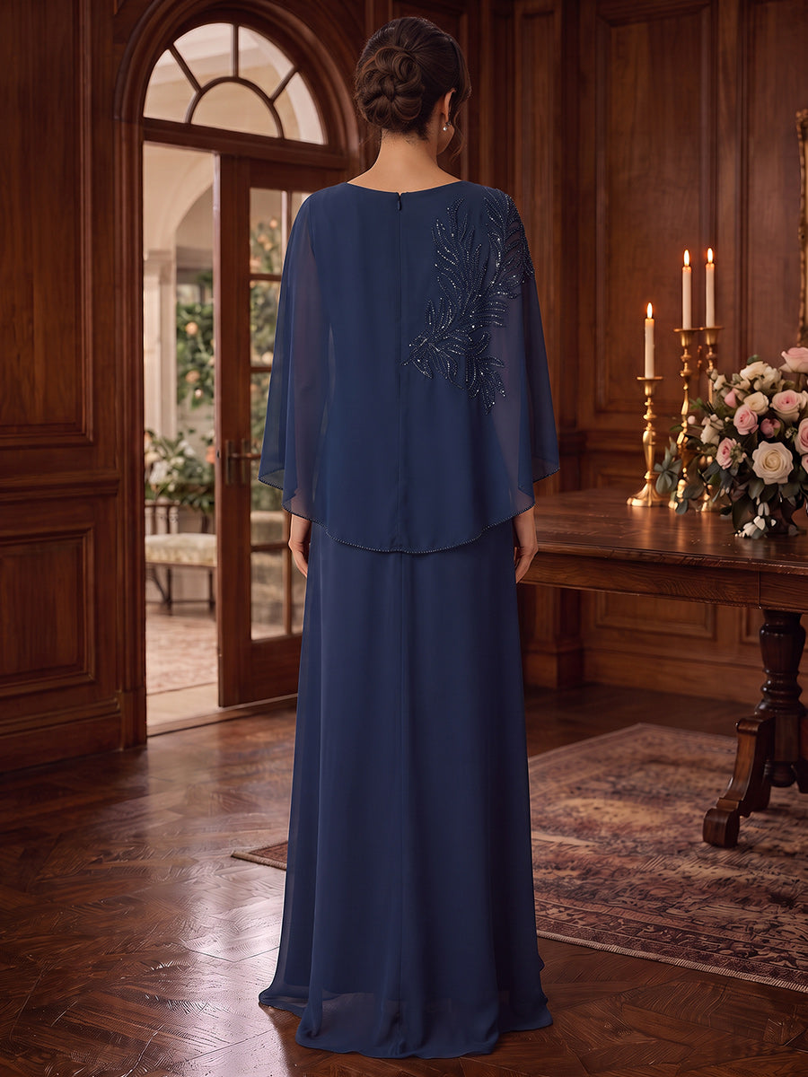 Sheath/Column V-Neck Cap Sleeves Chiffon Floor-Length Mother of the Bride Dresses with Applique