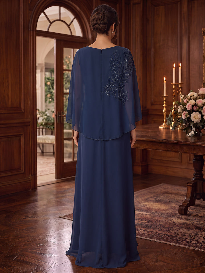 Sheath/Column V-Neck Cap Sleeves Chiffon Floor-Length Mother of the Bride Dresses with Applique