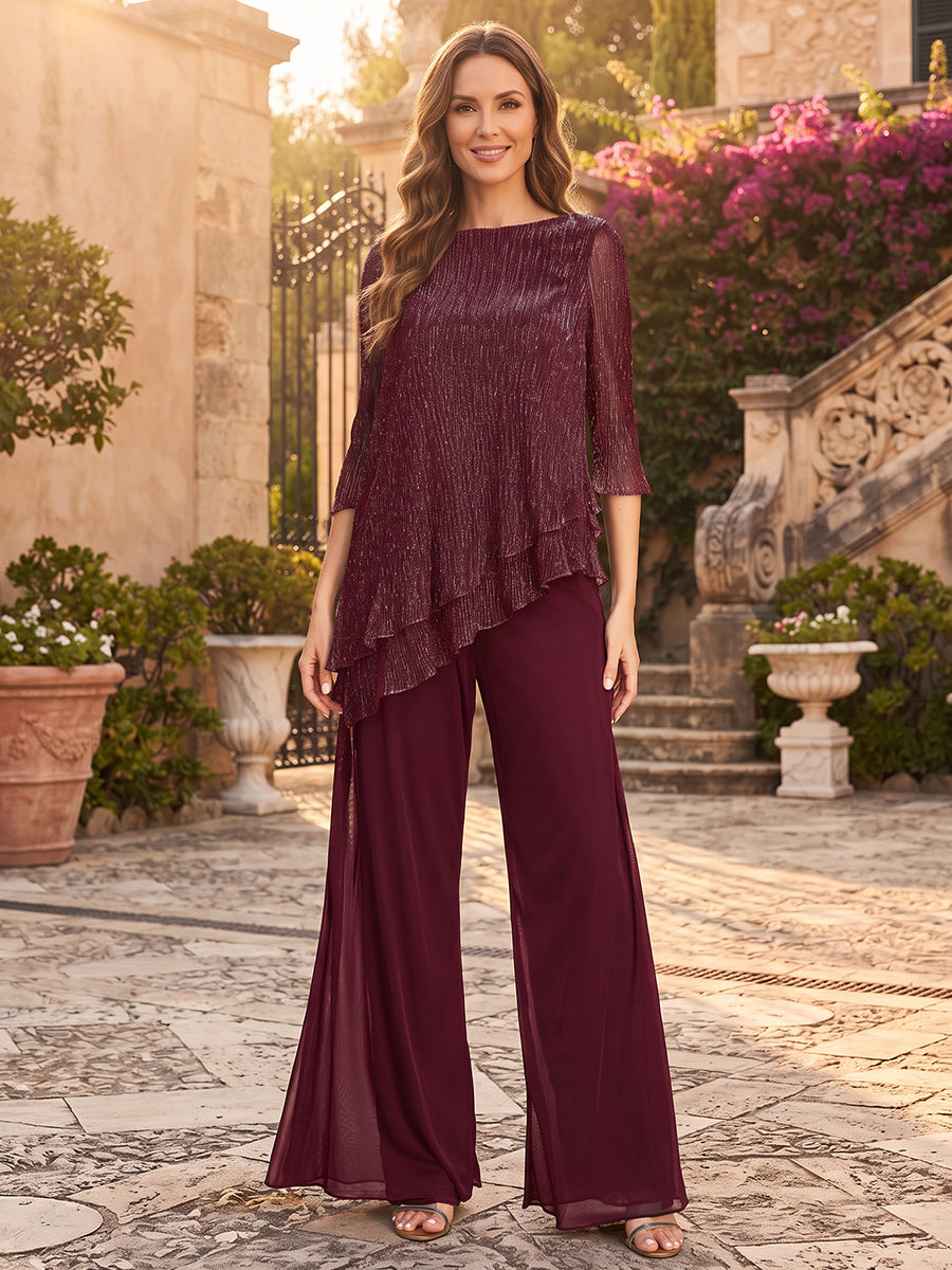 Pantsuits  Scoop 3/4 Sleeves Chiffon Floor-Length Mother of the Bride Dresses with Glitter&amp;Ruffles