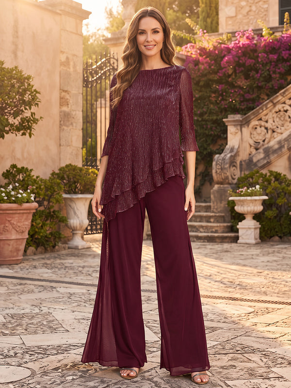 Pantsuits  Scoop 3/4 Sleeves Chiffon Floor-Length Mother of the Bride Dresses with Glitter&Ruffles