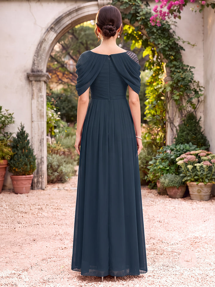 A-Line/Princess Off-the-Shoulder Short Sleeves Chiffon Floor-Length Mother of the Bride Dresses with Sequins&amp;Pleats