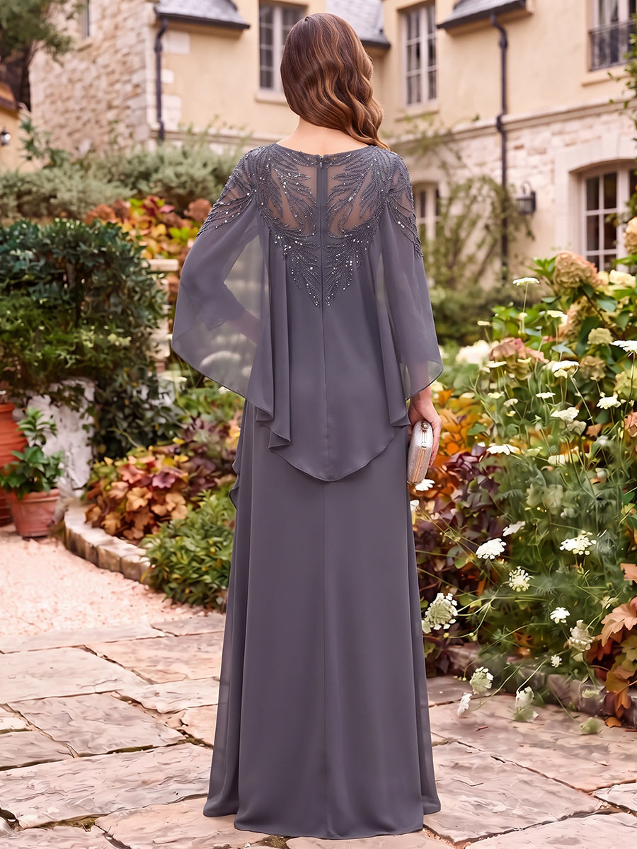 Sheath/Column Scoop 3/4 Sleeves Chiffon Sequin Floor-Length Mother of the Bride Dresses with Applique