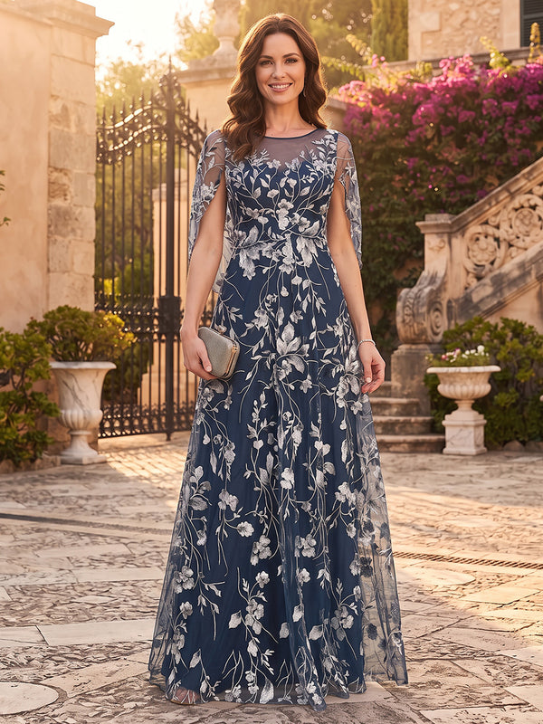 A-Line/Princess Scoop Cap Sleeves Tulle Floor-Length Mother of the Bride Dresses with Applique