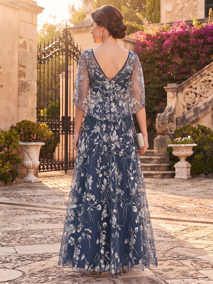 A-Line/Princess Scoop Cap Sleeves Tulle Floor-Length Mother of the Bride Dresses with Applique