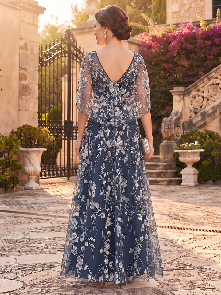 A-Line/Princess Scoop Cap Sleeves Tulle Floor-Length Mother of the Bride Dresses with Applique