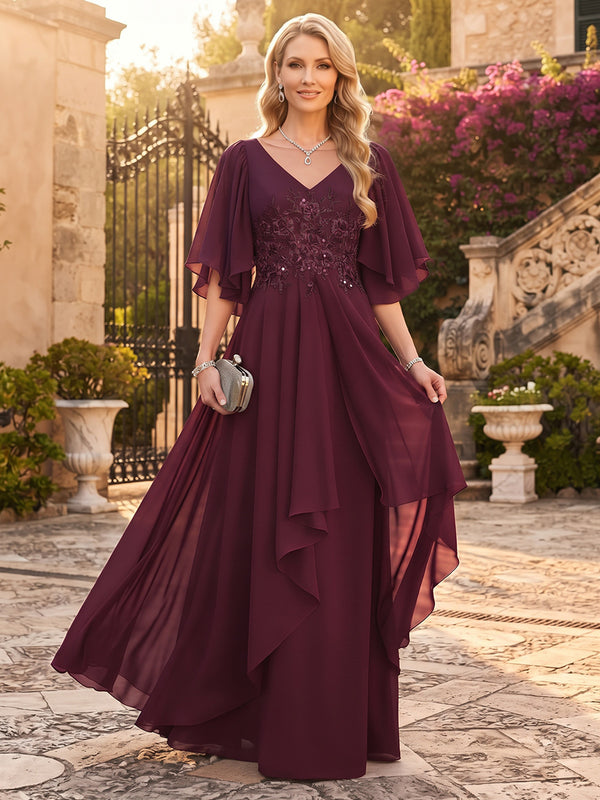 A-Line/Princess V-Neck Short Sleeves Chiffon Floor-Length Mother of the Bride Dresses with Applique&Ruffles